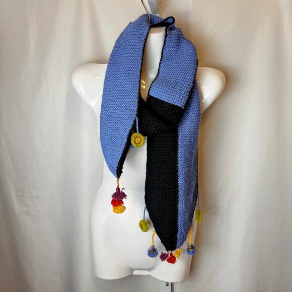 Little Journeys Chicago 100% Alpaca Wool Scarf Blue Hand Knit Peru Pom Pom Twee - Picture 1 of 2
